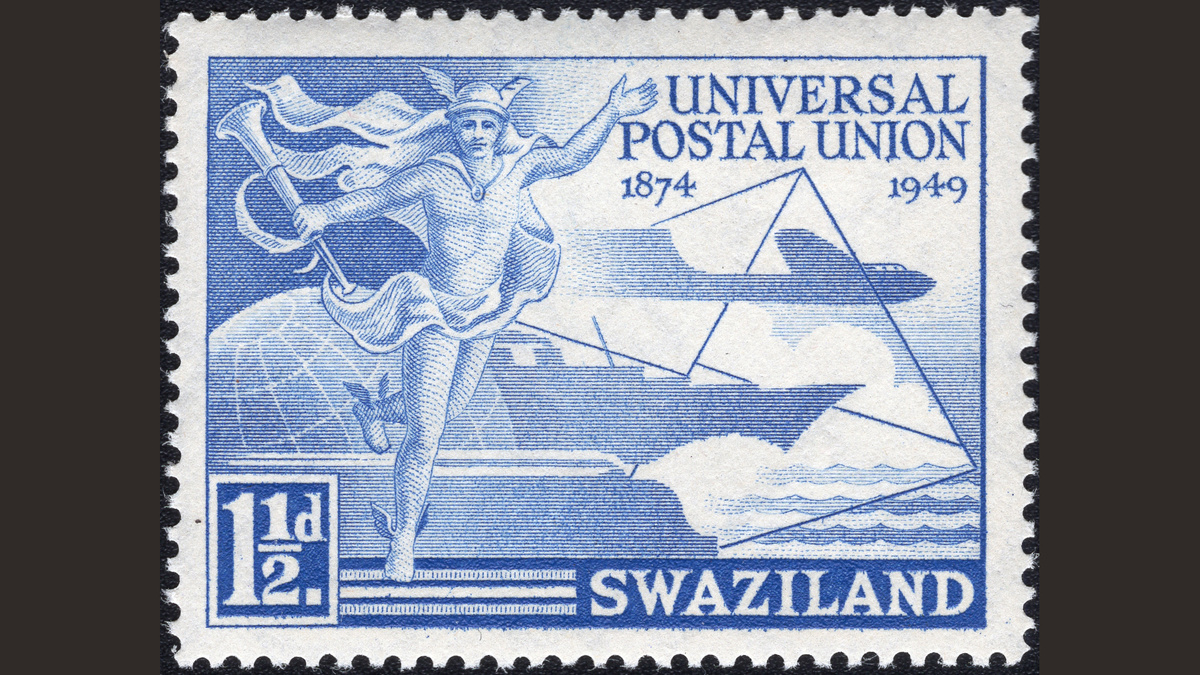 1. Свазиленд, 1949 год, № 50. Гермес, глобус и символы транспорта. 75 лет Всемирному почтовому союзу. В галерее полная серия (нажмите правую стрелку).