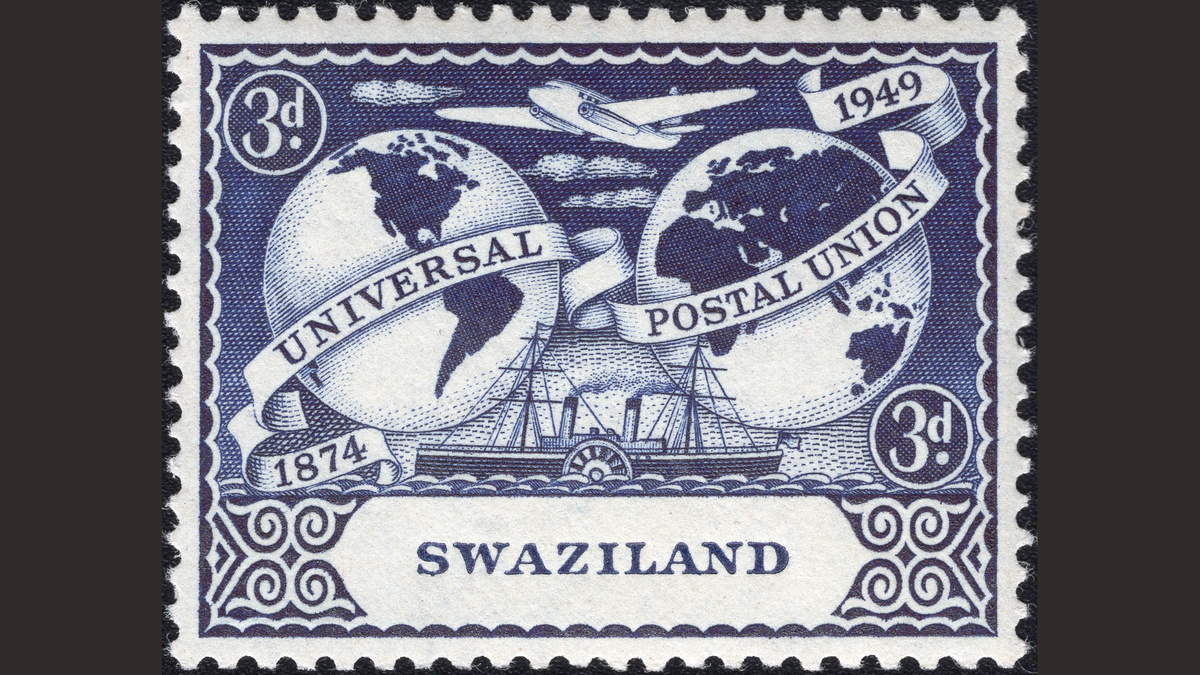 1.1. Свазиленд, 1949 год, № 51. Земные полушария, самолет и колесный пароход. 75 лет Всемирному почтовому союзу. 