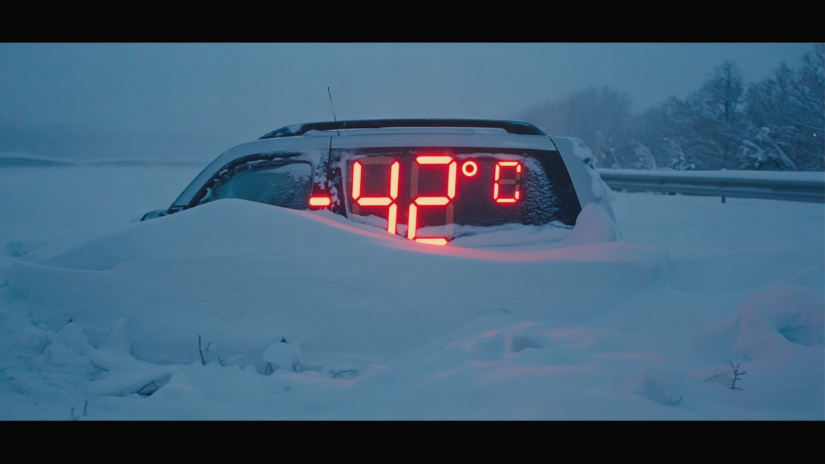термометр –42 °C на трассе + машина в снегу по капот