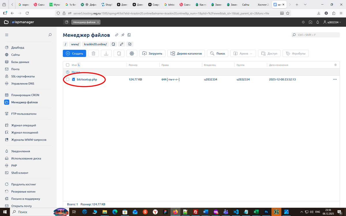 Пример загруженного файла BitrixSetup.php через файловый менеджер панели управления хостинга