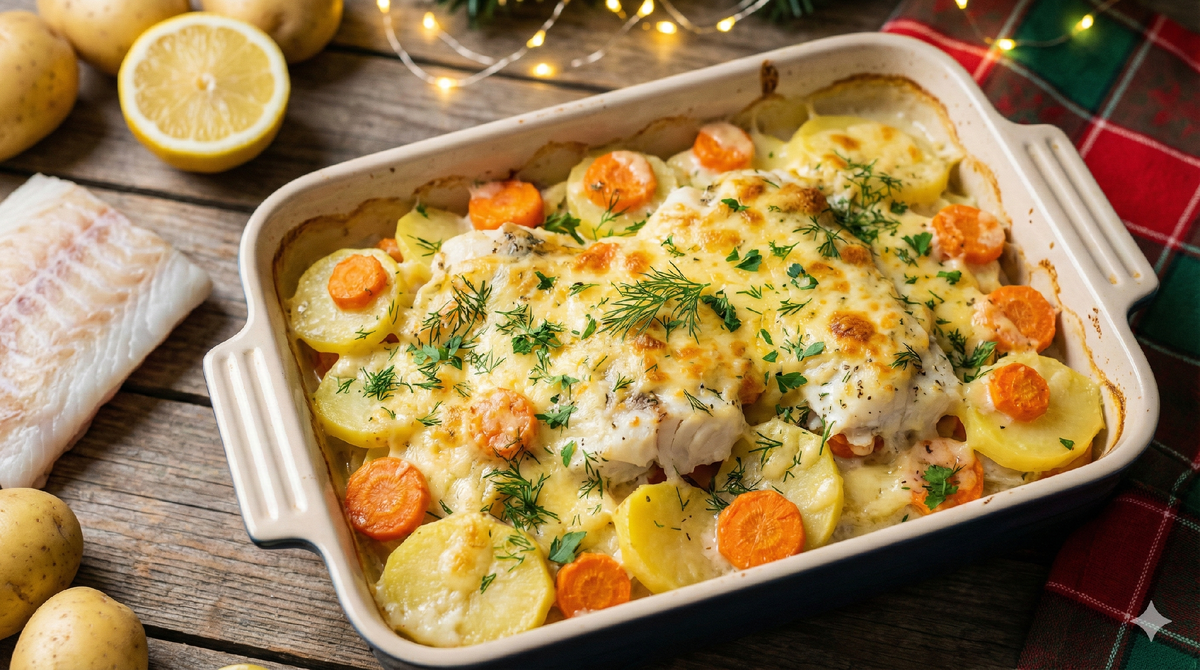 Запечённая рыба с картофелем и овощами в духовке