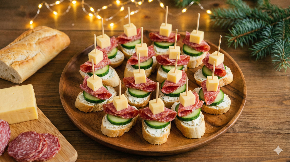 Канапе с колбасой, сыром и огурцом