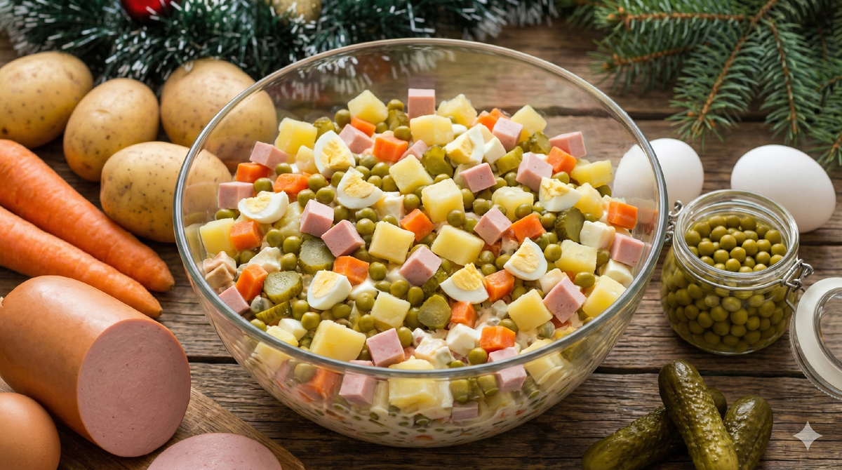 Классический оливье с докторской колбасой и горошком