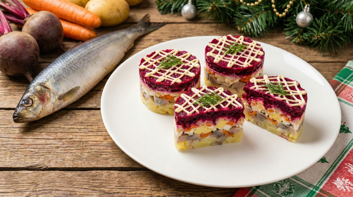 Селедка под шубой в порционных кольцах 