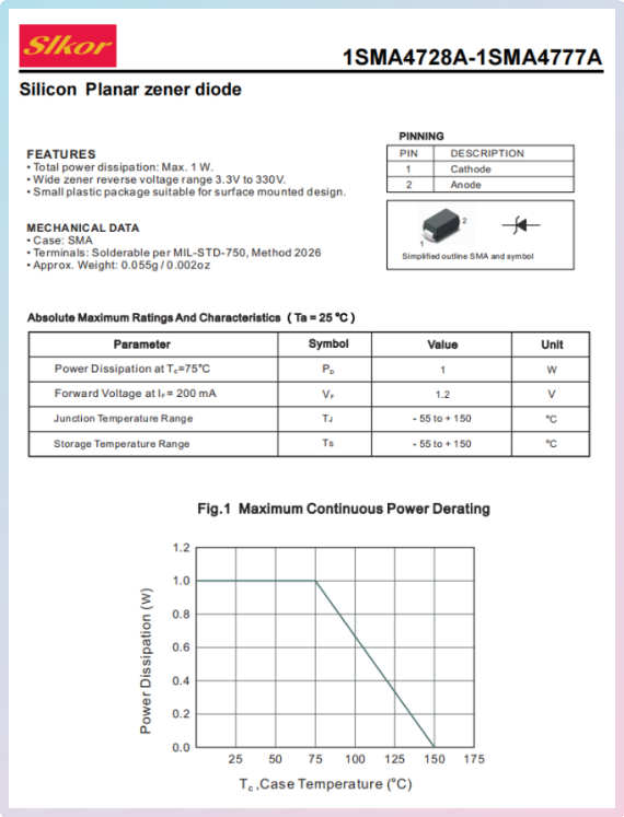 
Slkor Voltage Regulator Diode 1SMA4734A specification