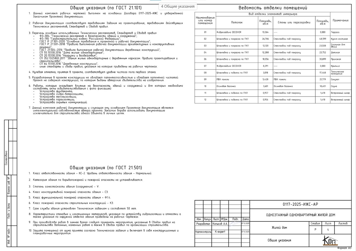 Общие указания, Ведомость отделки помещений