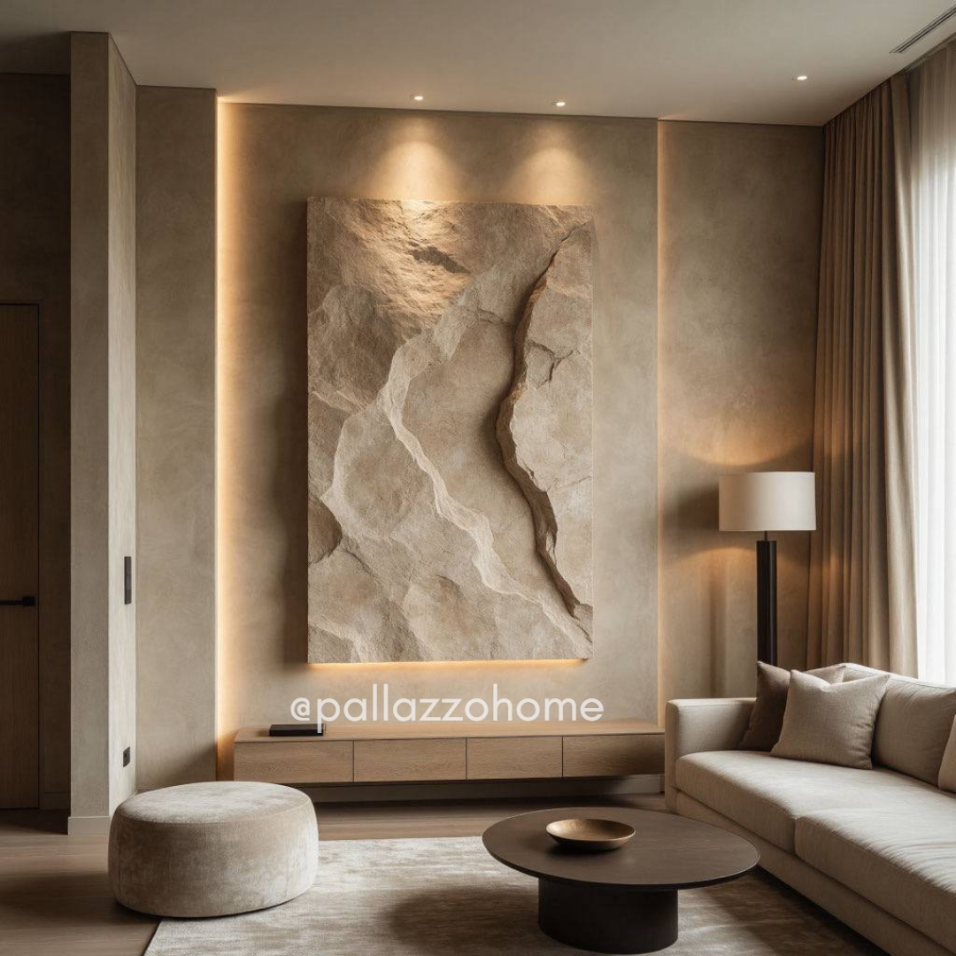 Акцентная стена, выполненная в технике декоративной замши, плавно подсвечена по периметру и оформлена выразительным фактурным панно. Мягкий мат, природные линии и тёплый беж создают ощущение глубокого уюта и спокойной роскоши в современном интерьере.