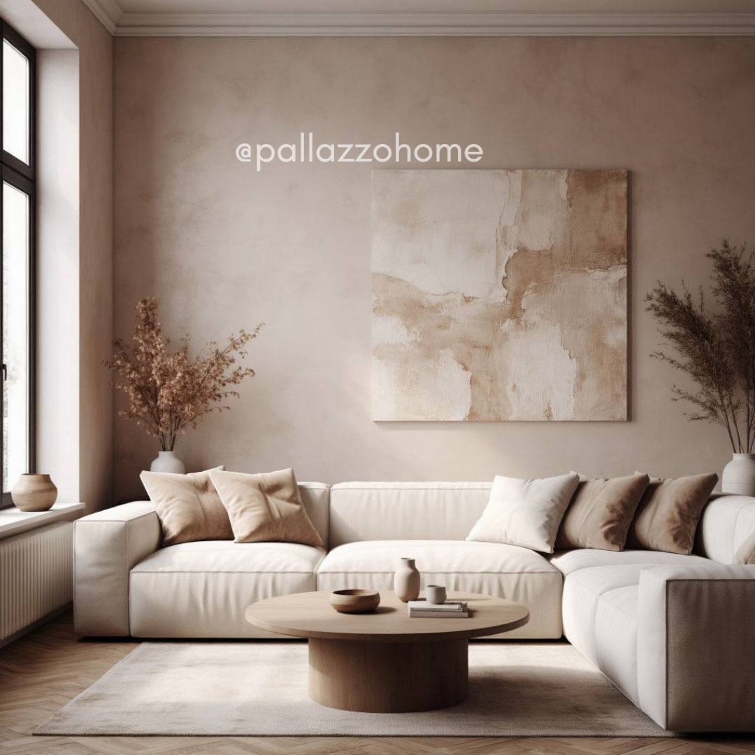 Светлая гостиная с декоративной замшей: мягкая матовая поверхность создаёт ощущение тепла, воздуха и спокойной роскоши в жилом пространстве.