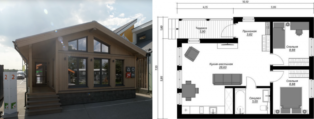 Это одноэтажный дом с объединенным пространством кухни-гостиной-прихожей и двумя спальнями. Общая площадь — 60 м².