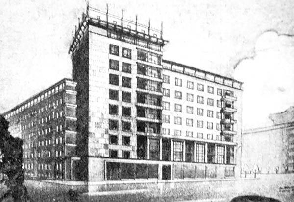 Изначальный проект жилого дома, 1934. Из книги А. Рогачёва "Шоссе Энтузиастов. Дорога великих свершений".