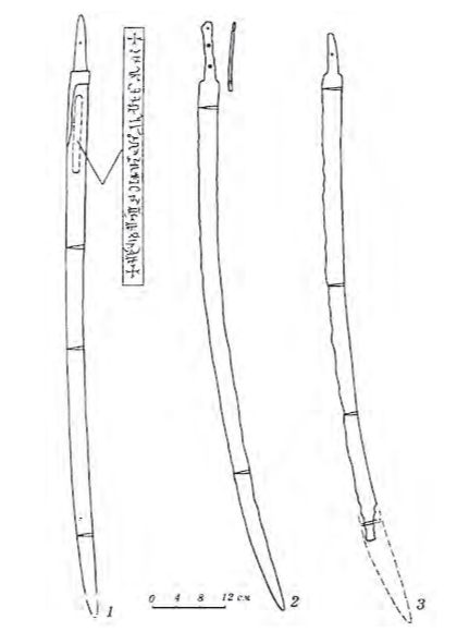 
Болгарские сабли XII–XIII вв. 1 – Именьковское селище; 2 – Билярское городище; 3 – Болгарское городище
Источник: Археология Волго-Уралья. Том V. Средние века (VIII-начало XIII вв.)