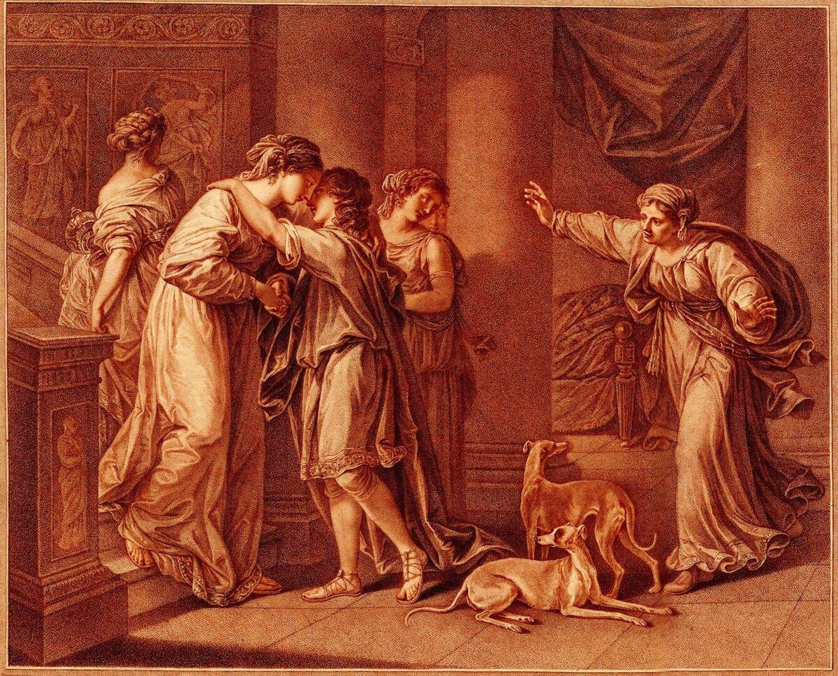 Пенелопа встречает вернувшегося Телемаха. 1777. Художница — Ангелика Кауфман (англ. Angelica Kauffman, 1741–1807). Британский музей, Лондон