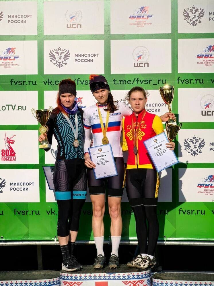     Алина Карлова (в центре) и София Ростовщикова (справа). Фото: Федерация велоспорта России.