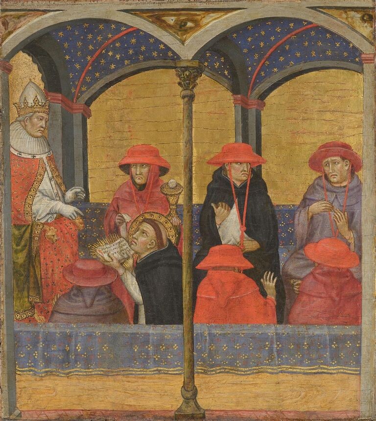 Фома Аквинский передаёт Папе Римскому Урбану IV чинопоследование праздника Тела и Крови Христовых. Ок. 1403