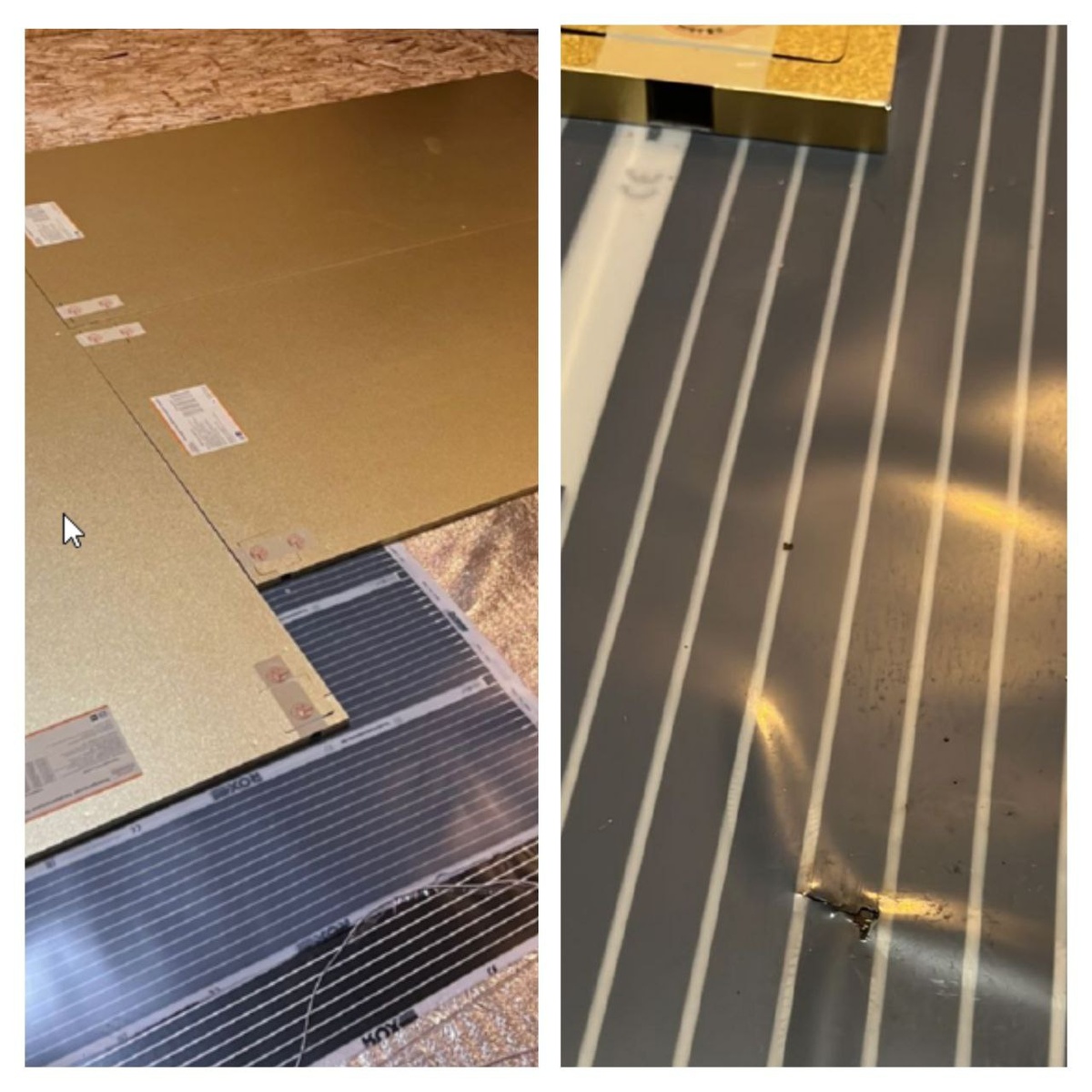 На фото пример того, как случайно оброненный кухонный нож пробил линолеум и вывел из строя всю секцию ИК плёнки. В результате, было принято решение использовать HotPanel