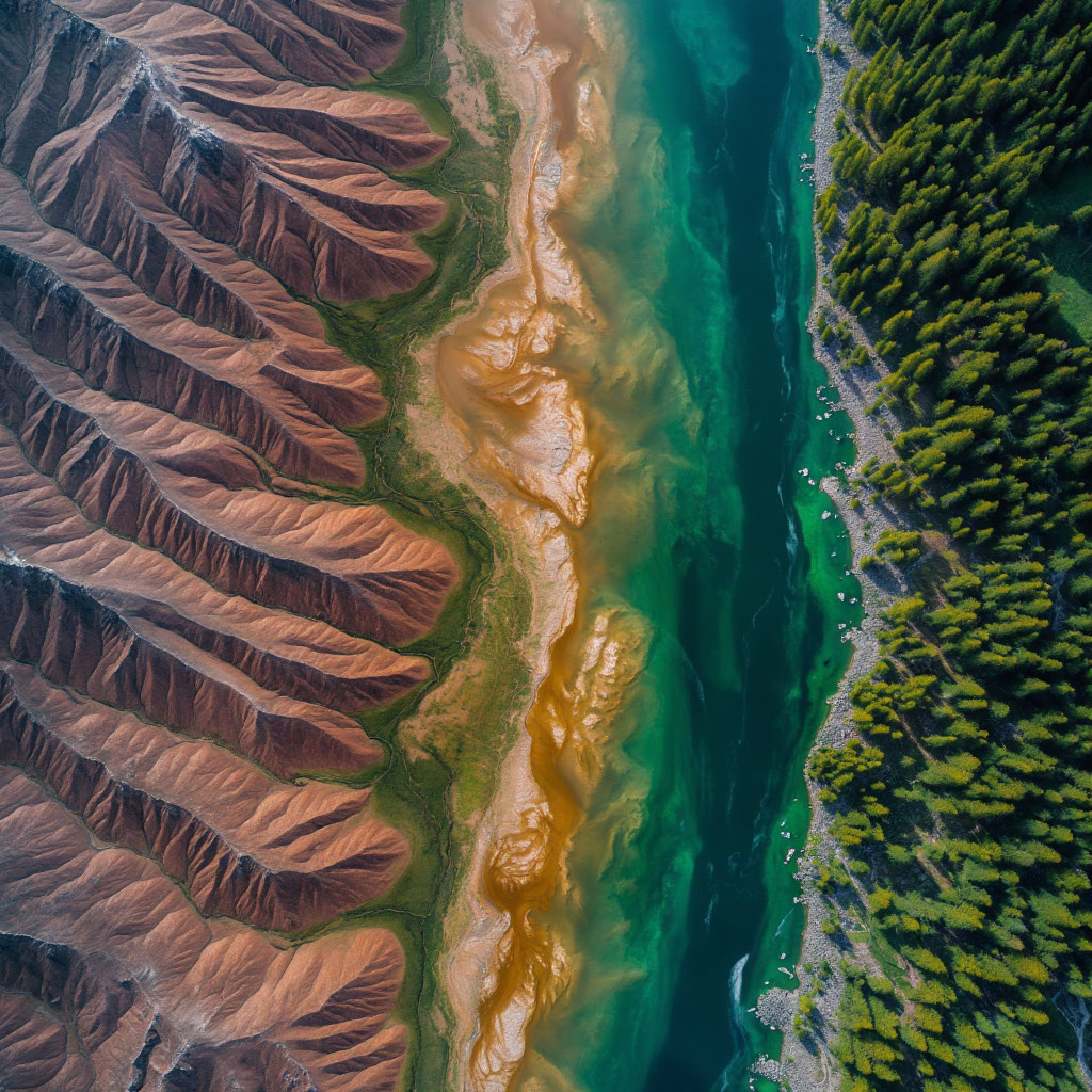 Стилизация спутникового снимка Телецкого озера в паводок. Сгенерировано нейросетью Яндекс ART для визуализации феномена бифуркации вод.