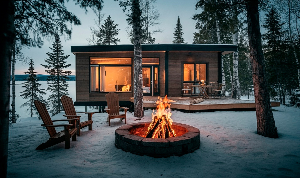 Обычно на территории есть свой двор, где можно поиграть в снежки, посидеть у костра или погреться в горячем чане без посторонних взглядов.Фото: Shutterstock AI / Shutterstock.com