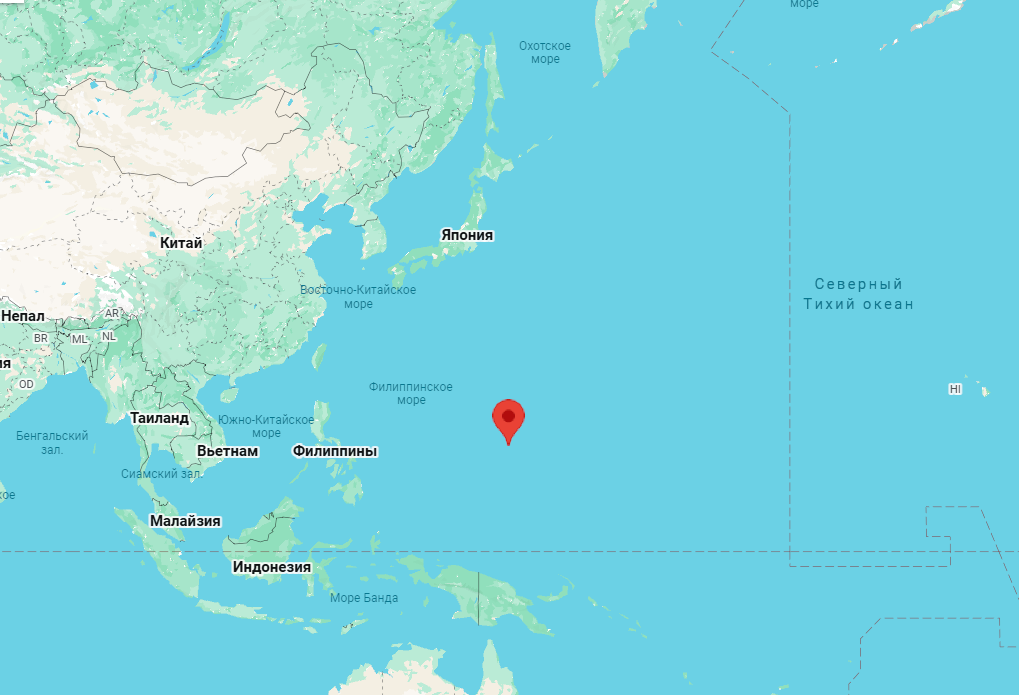Остров Гуам это тут. Примерно около 3,5 тысяч км юго-восточнее нашего Владивостока