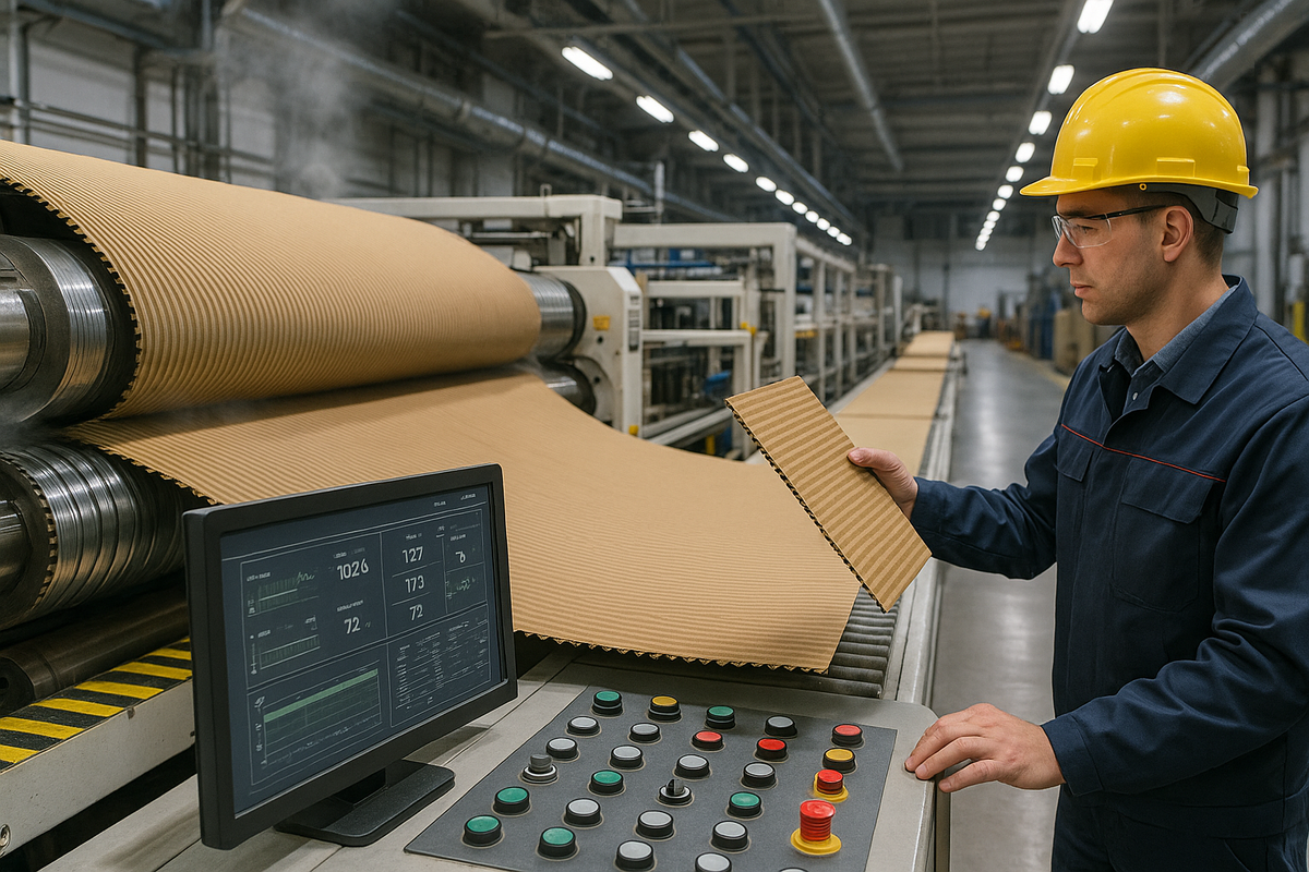 Современная линия по производству гофрокартона с контролем качества на каждом этапе.