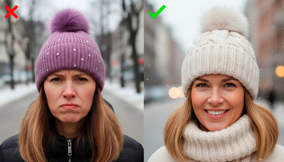 Слева — «гламурный гном» из 2005 года. Справа — современная женщина. Объемная шапка без декора делает лицо моложе, а образ — дороже.