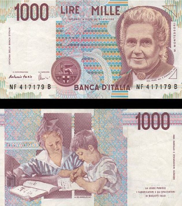 Банкнота Италии, посвящённая Марии Монтессори
