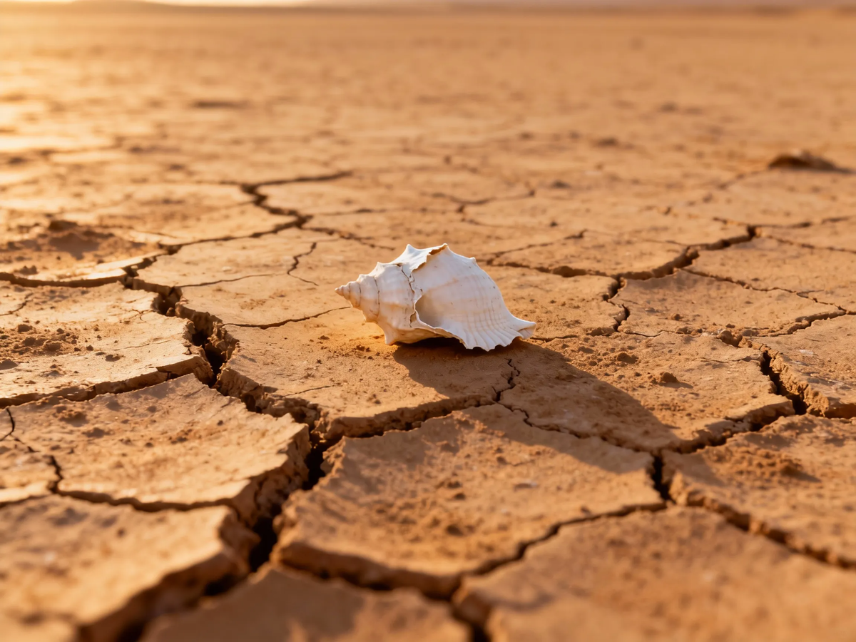 Белая раковина на потрескавшейся земле — это не натюрморт, а проект «анти-Венеция». Здесь море закончилось миллионы лет назад, а бухгалтерия пустыни до сих пор хранит его последнюю смету.