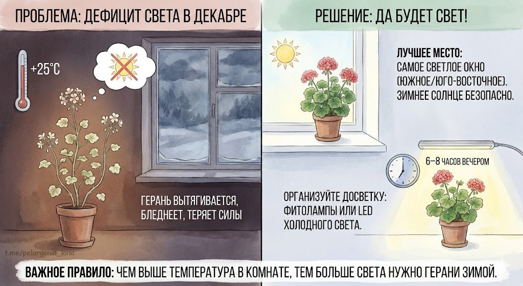 Проблема недостатка света в Герани в декабре: растение вытягивается и бледнеет. Решение: самое светлое южное окно и досветка фитолампами или светодиодами 6-8 часов вечера. Правило: чем выше температура в комнате, тем больше света нужно цвету.