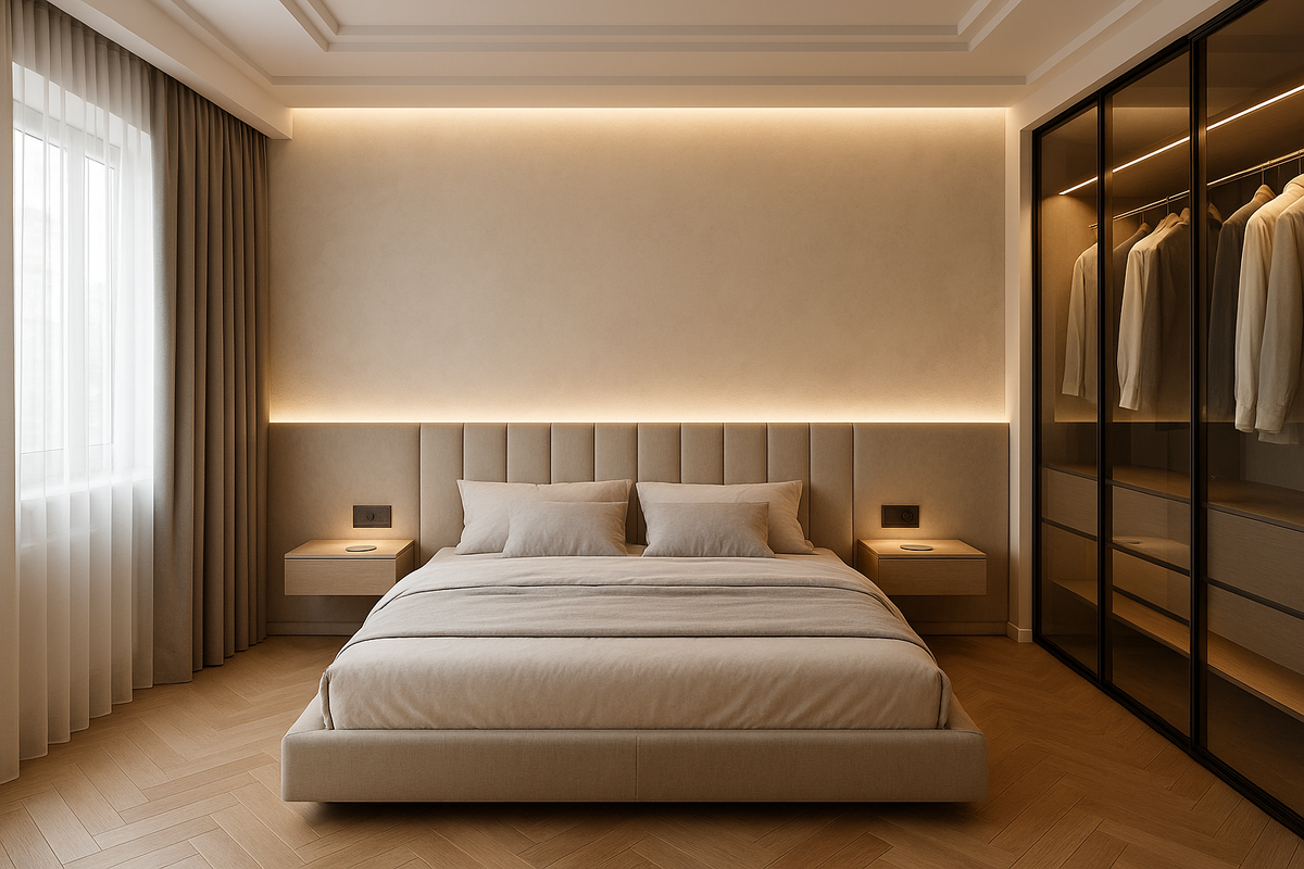 Спальня дизайнерского уровня: шёлковая стена и тишина Невы