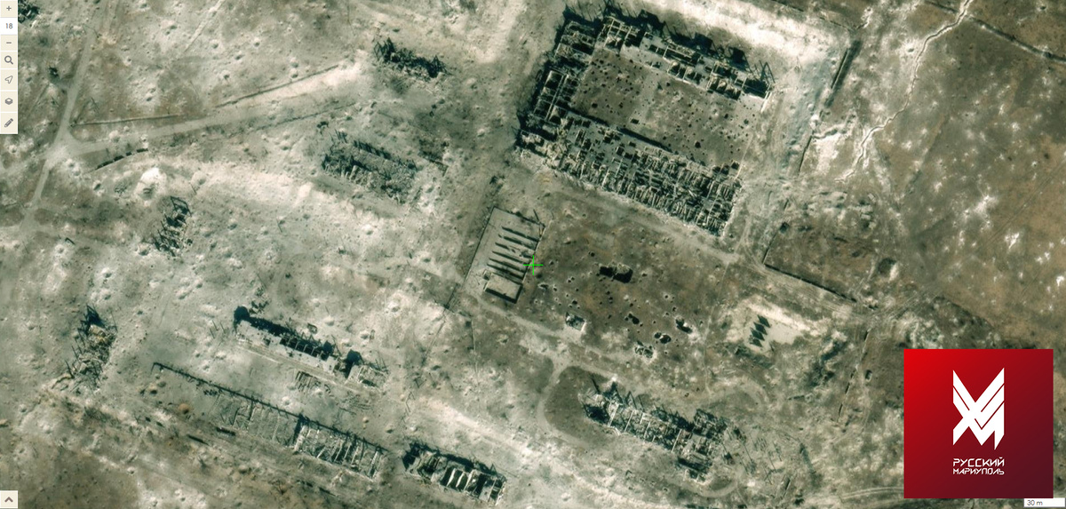 Спутниковый снимок современного состояния Западной фильтровальной станции разрушенной в ходе многолетних боёв за посёлок Белогоровка, которая перешла под окончательный котроль Армии России в июле 2025 года.