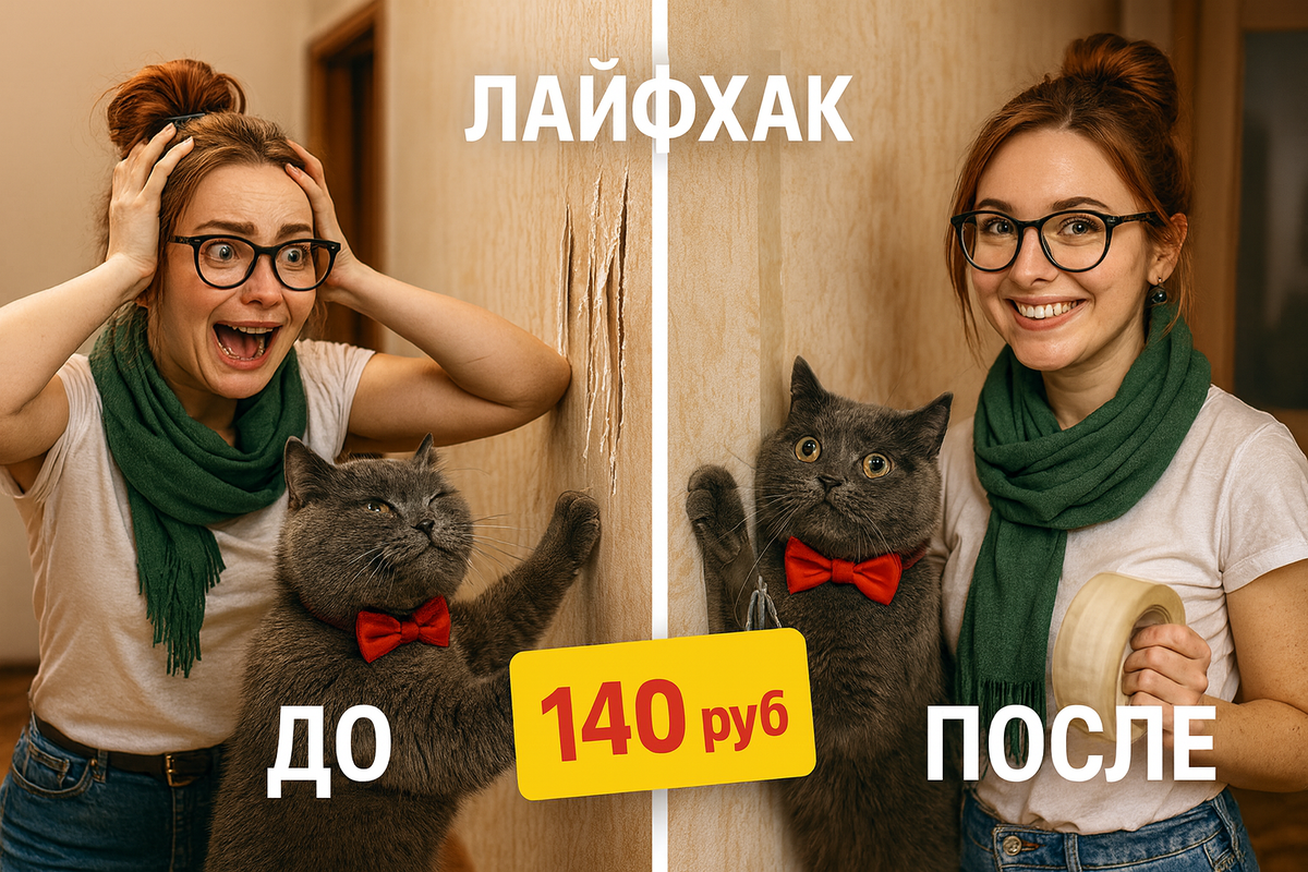 Иллюстрация создана автором с помощью нейросети специально для статьи
"Британский кот перестал драть обои после простого трюка с двусторонним скотчем: проблема решена за 140 рублей и 3 дня"