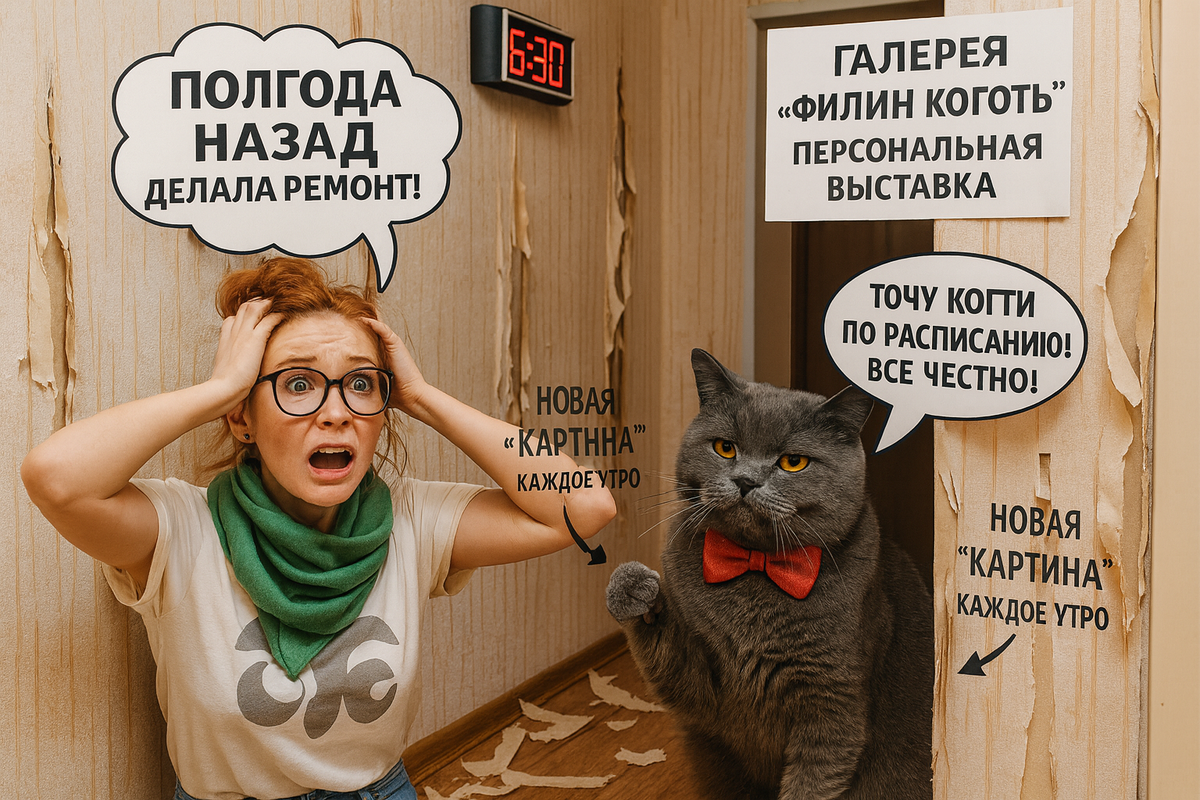 Иллюстрация создана автором с помощью нейросети специально для статьи
"Утренний ритуал кота-художника: как пушистый дизайнер ежедневно 'улучшает' интерьер прихожей"