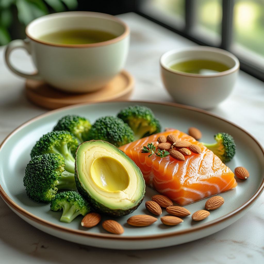 Тарелка с авокадо, лососем, брокколи, миндалем и чашка зелёного чая принсет вашей коже много пользы.