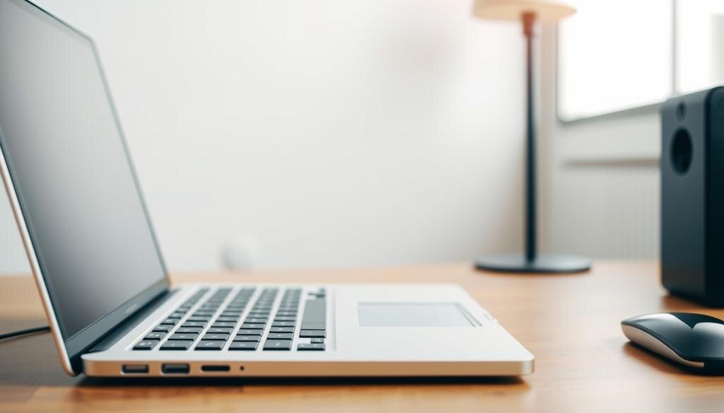    Изображение ноутбука с чистой клавиатурой на столе.