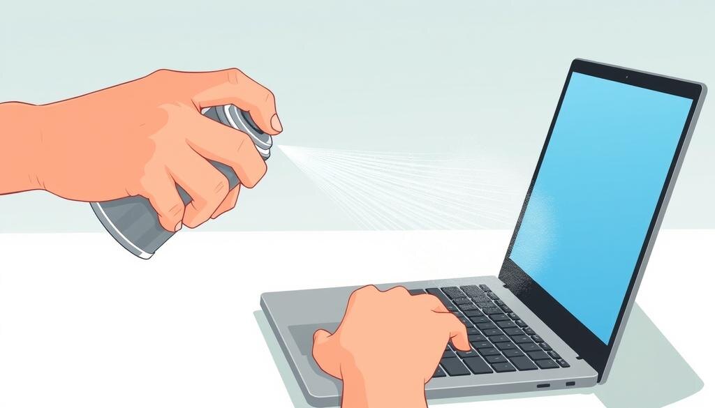    Изображение процесса использования сжатого воздуха для чистки клавиатуры.