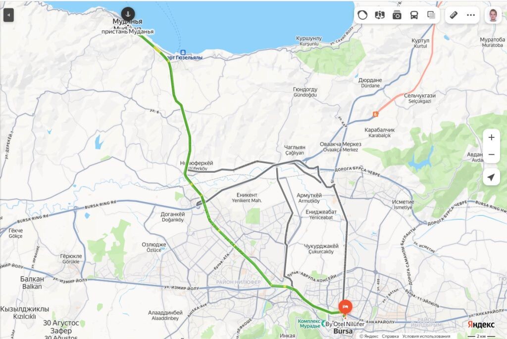 Яндекс-карта: путь от отеля Nilüfer до пристани Муданья 