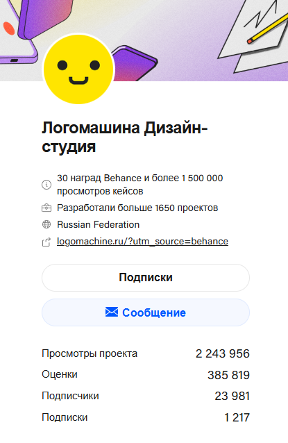 Пример оформления профиля Behance дизайн-студии «Логомашина»