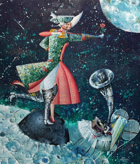 "Лунное танго" 85*70 холст, темпера. А. Бо́рис.
Из серии "Правдивые истории барона Мюнхгаузена".Источник изображения : andrey_boris_art 