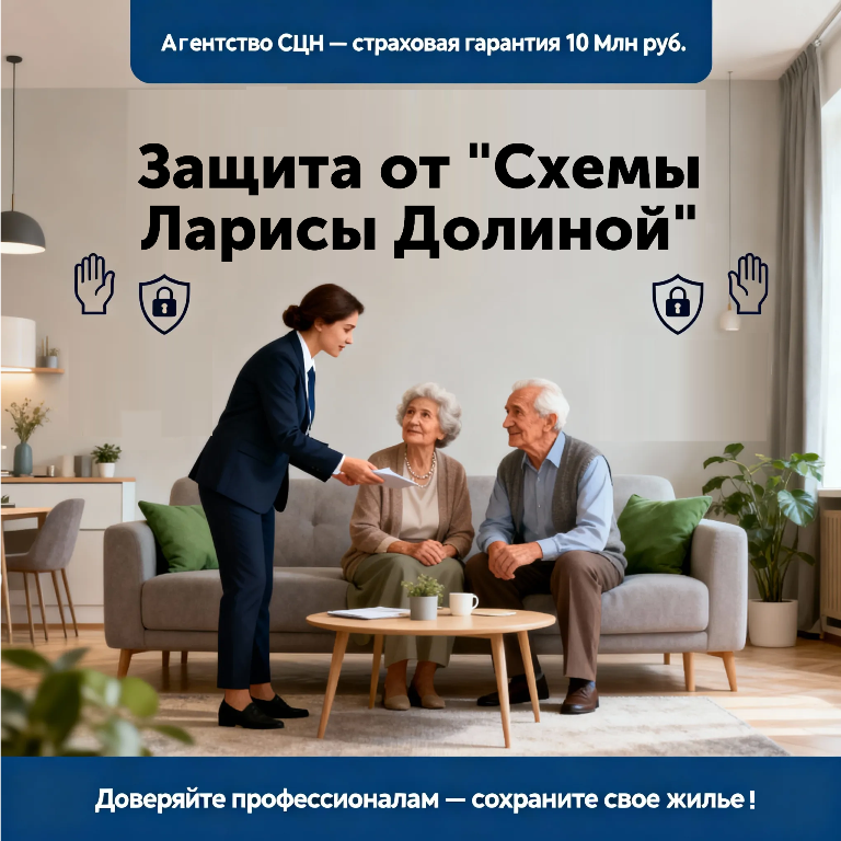 На картинке изображен риэлтер и пенсионеры в квартире, который защищает пенсионеров от  "схемы Ларисы Долиной" с квартирой