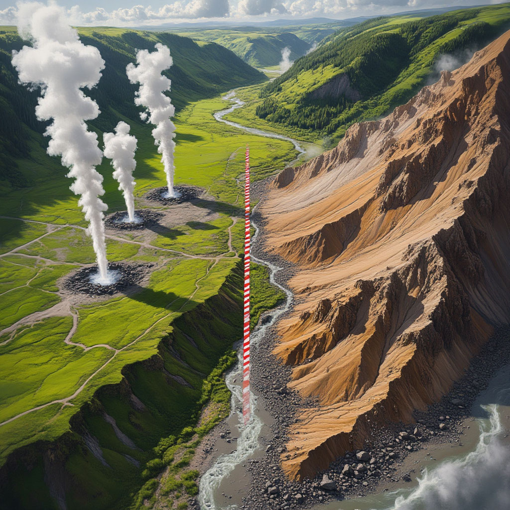 Создана нейросетью Яндекс ART для визуализации контраста между живой долиной и последствиями селя.