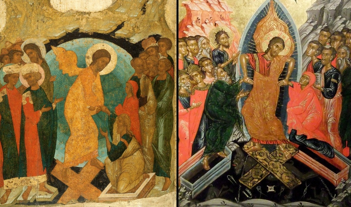 Слева икона «Сошествие во ад», созданная Андреем Рублёвым в 1410 году, а справа гораздо более современная её версия. Обратите внимание на нижнюю часть: на древней иконе буквального изображения дьявола нет, есть только тьма.
