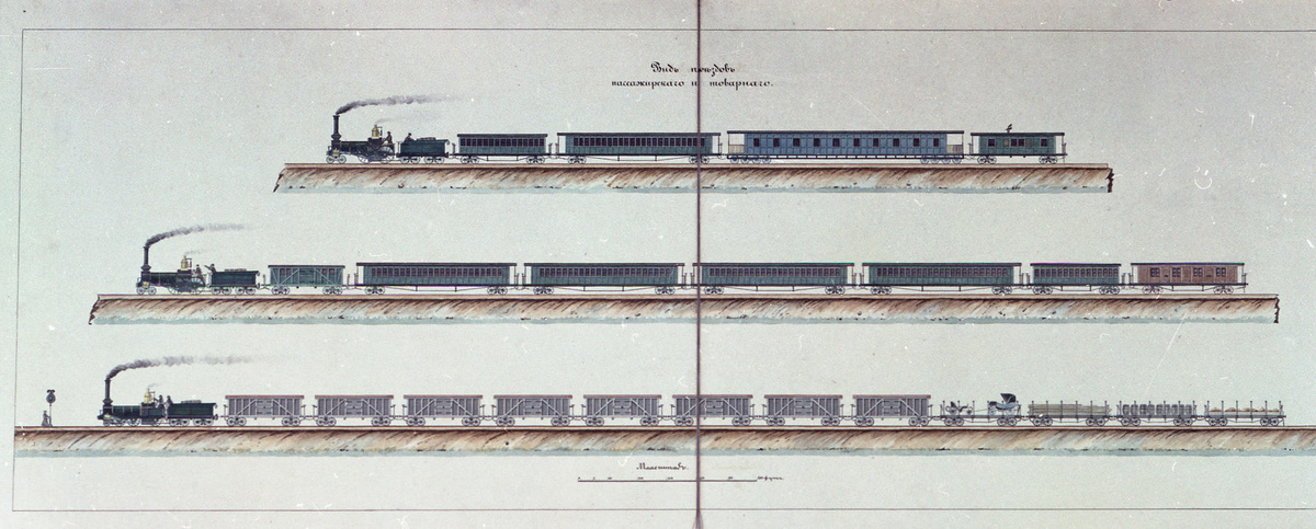 Виды первых пассажирских и товарных поездов Санкт-Петербурго-Московской (Николаевской) железной дороги. 1850-е гг.