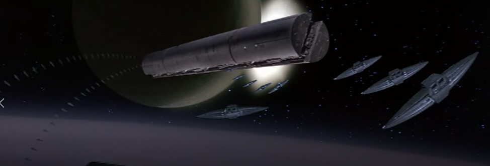 Кадр из фильма "Дюна" 1984 года. Хайлайнеры Гильдии Навигаторов и флот Дома Атрейдесов накануне отбытия на Арракис.