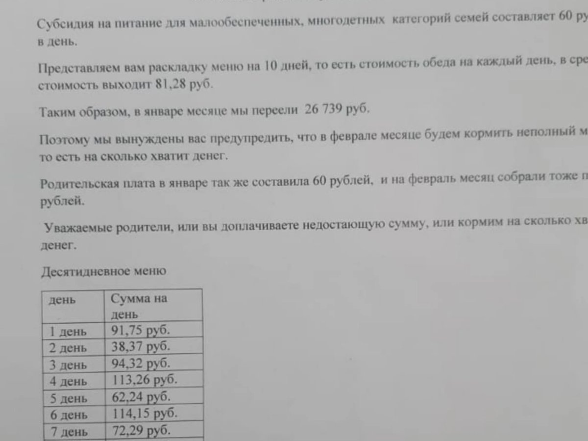    Обращение к родителям учеников 5-11 классов о необходимости доплаты за питание было озвучено на собрании в январе