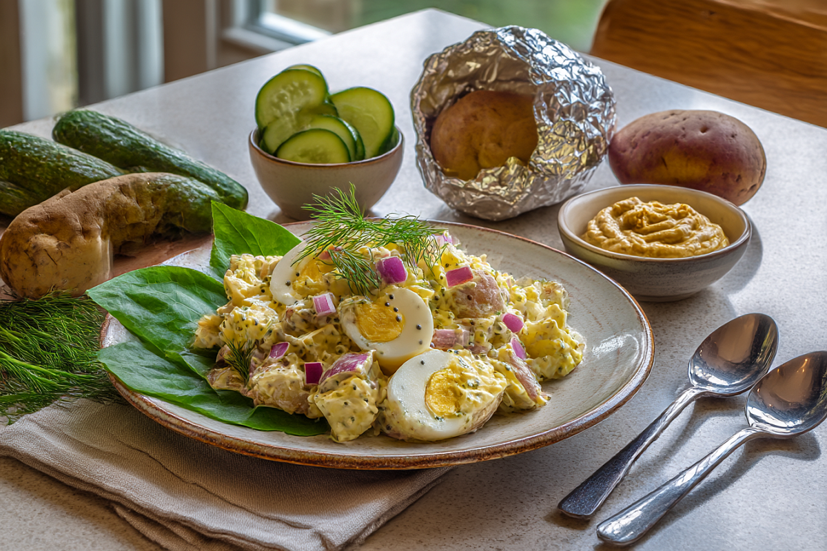    Американский картофельный салат с горчичной заправкой легко приживается на русском столе, потому что сочетает знакомый вкус картофеля и любимые хрустящие овощи.