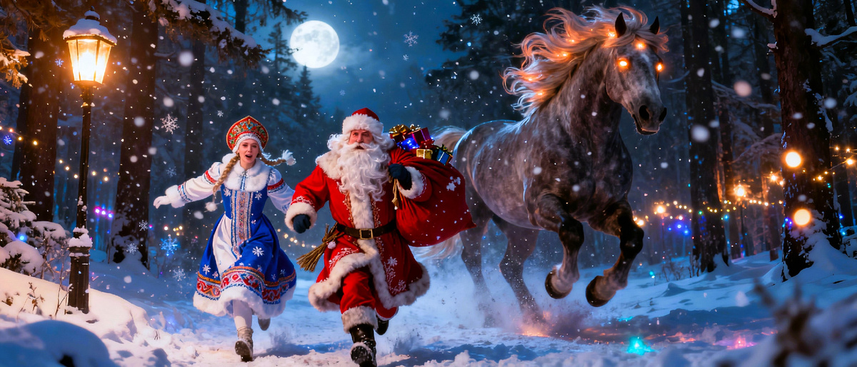 Дел Мороз со снегурочкой и лошадью бегут по снегу