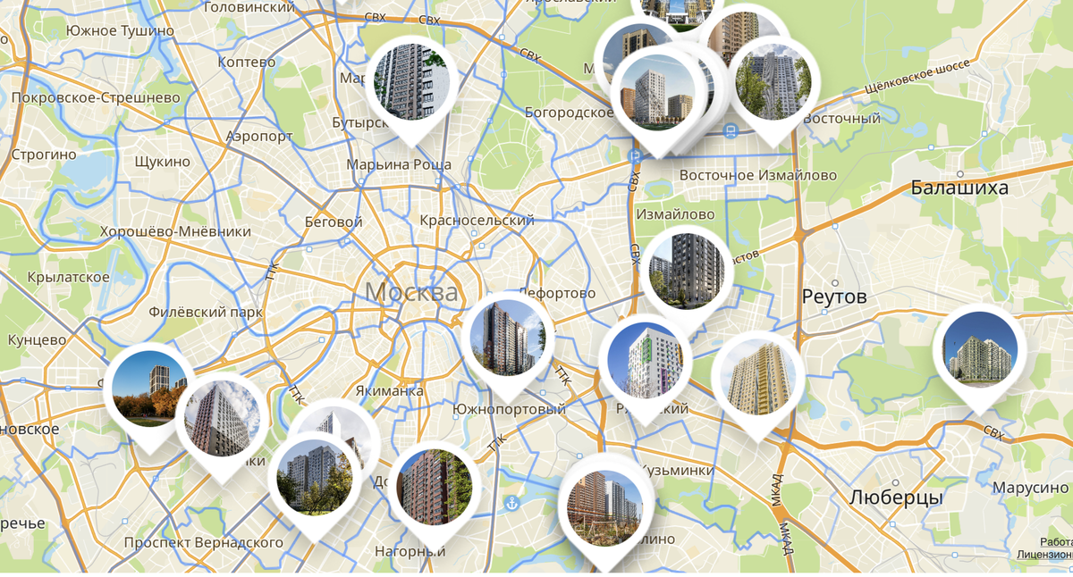 На карте видно, что дома в "московских кварталаз" распределены неравномерно по городу