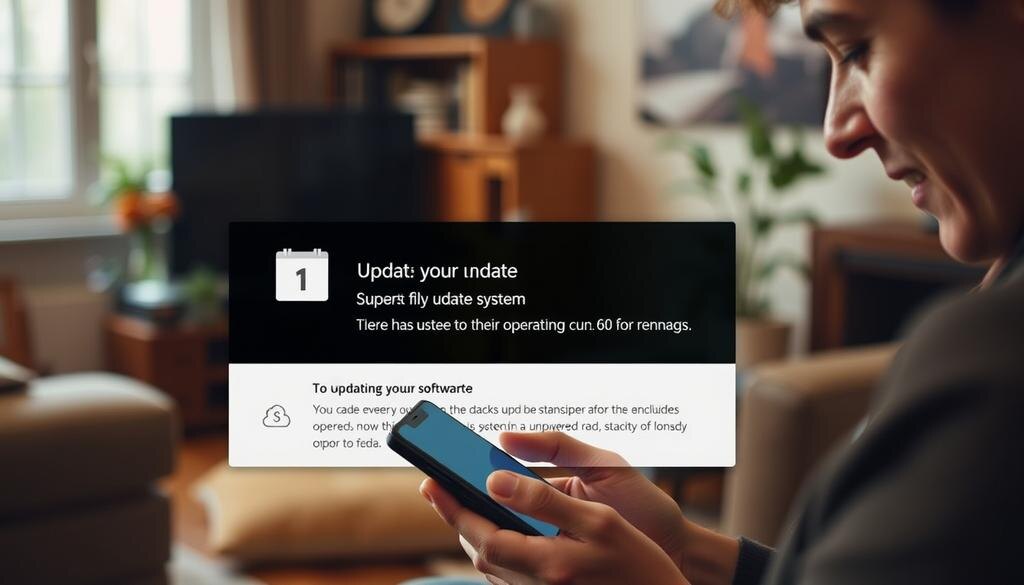    Смартфон, на экране которого отображается настройка обновления, и люди, знакомящиеся с ним.