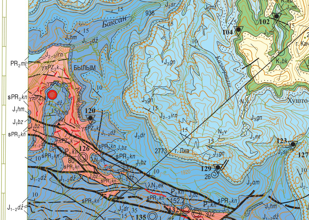 Былымское месторождение (красный круг) на геологической карте. Источник: Geokniga.org