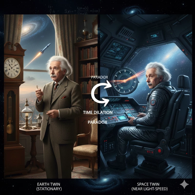 Релятивистские эффекты заставляют время течь с разной скоростью. Создано с помощью ИИ с использованием Gemini.