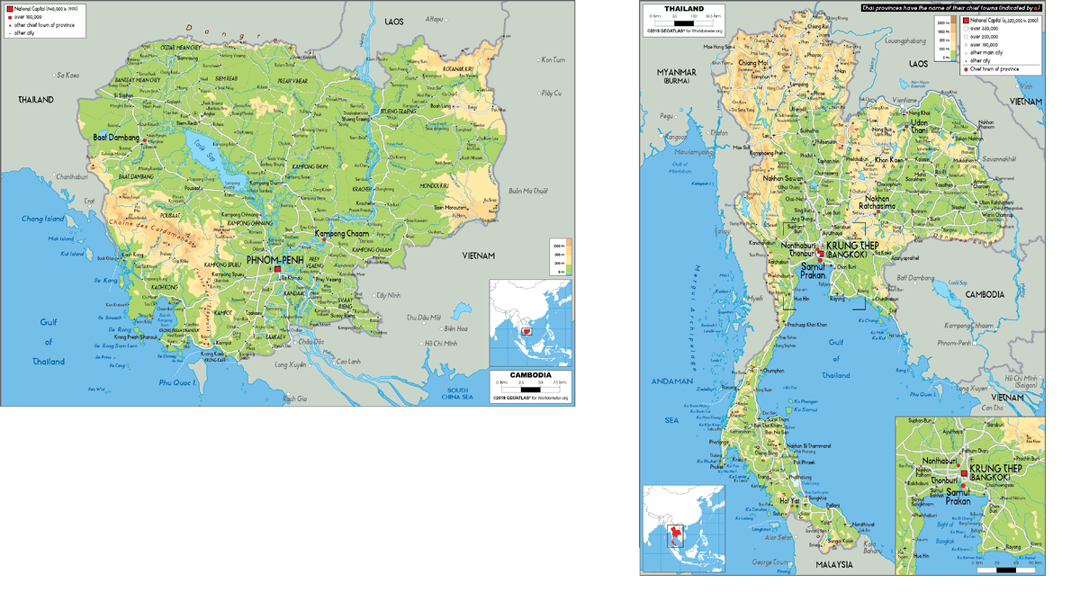 Физическая карта Камбоджи и Таиланда